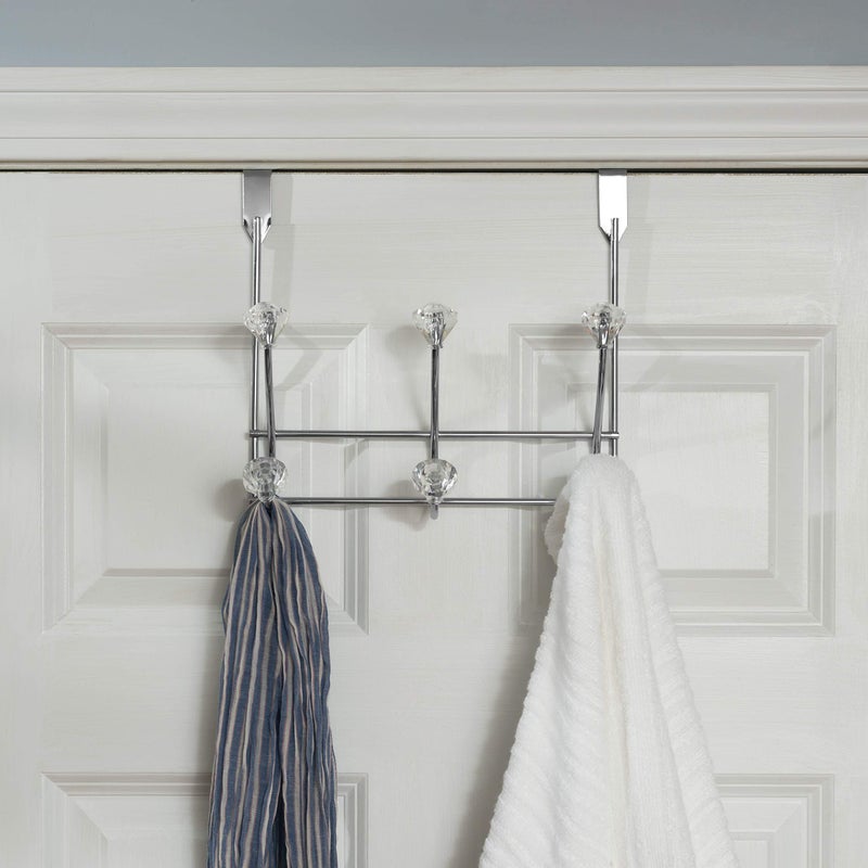 Home Basics 3 Hook Over the Door Hooks with Crystal Knobs, Organize Clothes, Coats, Robes, Towels For Bedroom, Bathroom Or Closet, Chrome - Image 2